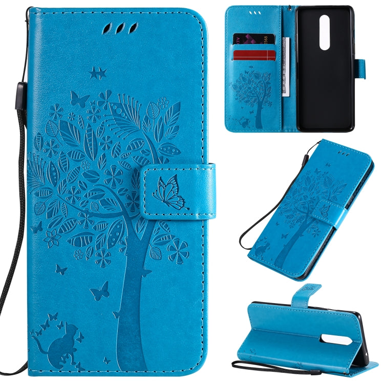 Tree & Cat Pattern Pressed Printing Horizontal Flip PU Leather Case with Holder & Card Slots & Wallet & Lanyard, For OnePlus 8 Pro, For OnePlus 8
