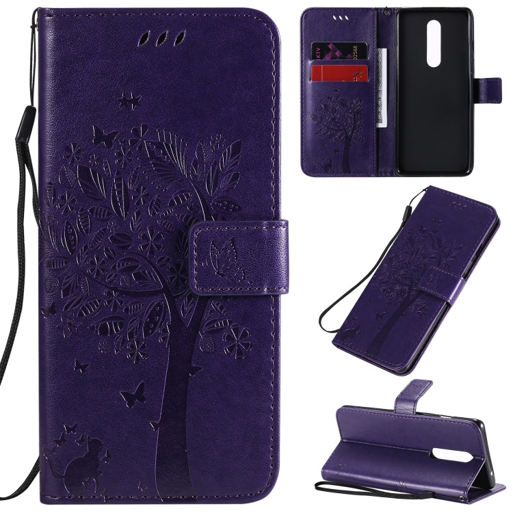 Tree & Cat Pattern Pressed Printing Horizontal Flip PU Leather Case with Holder & Card Slots & Wallet & Lanyard, For OnePlus 8 Pro, For OnePlus 8