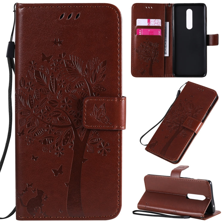 Tree & Cat Pattern Pressed Printing Horizontal Flip PU Leather Case with Holder & Card Slots & Wallet & Lanyard, For OnePlus 8 Pro, For OnePlus 8