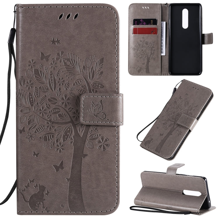 Tree & Cat Pattern Pressed Printing Horizontal Flip PU Leather Case with Holder & Card Slots & Wallet & Lanyard, For OnePlus 8 Pro, For OnePlus 8