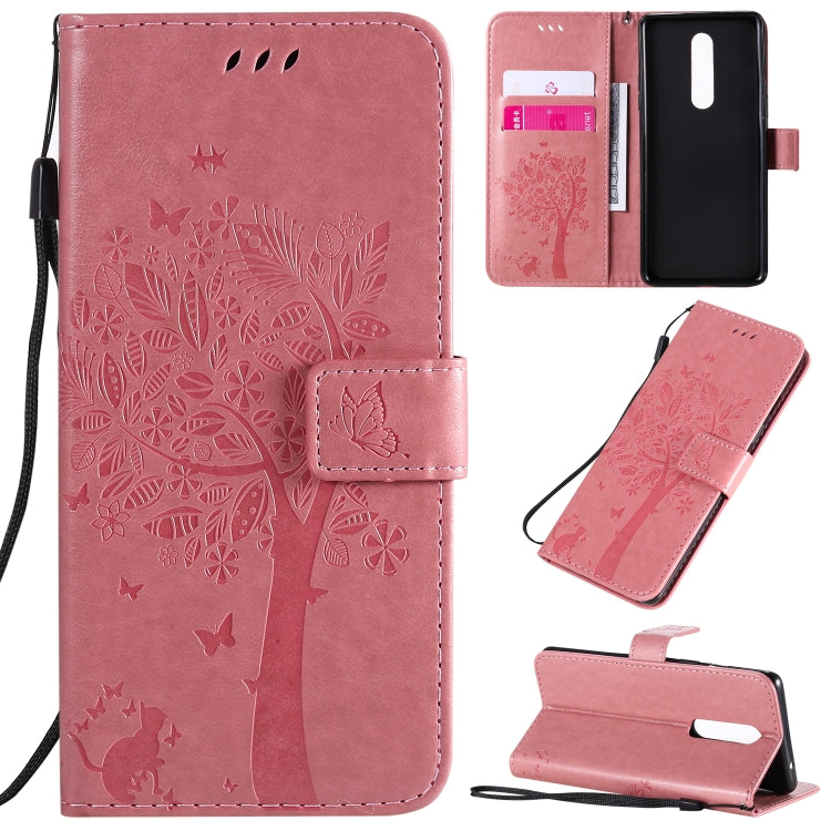 Tree & Cat Pattern Pressed Printing Horizontal Flip PU Leather Case with Holder & Card Slots & Wallet & Lanyard, For OnePlus 8 Pro, For OnePlus 8