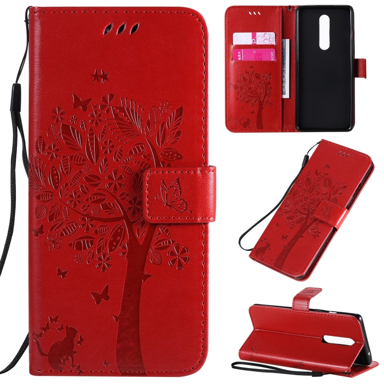 Tree & Cat Pattern Pressed Printing Horizontal Flip PU Leather Case with Holder & Card Slots & Wallet & Lanyard, For OnePlus 8 Pro, For OnePlus 8