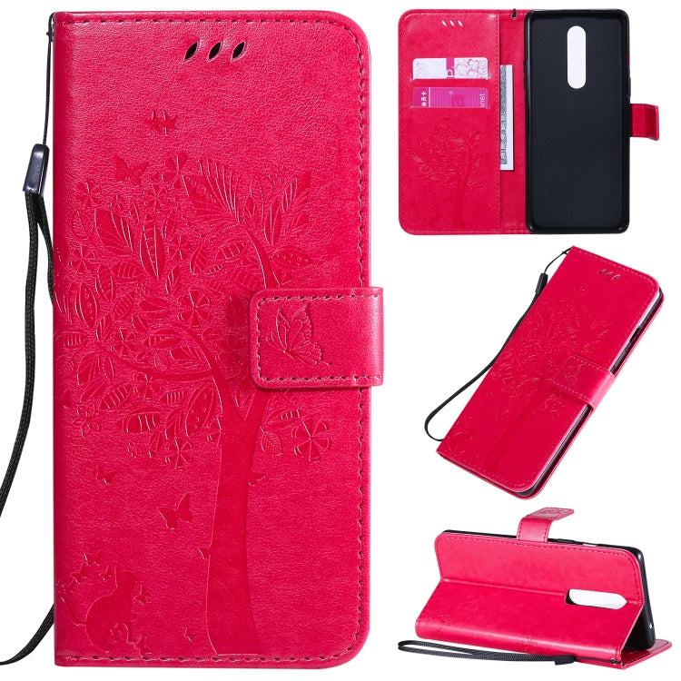 Tree & Cat Pattern Pressed Printing Horizontal Flip PU Leather Case with Holder & Card Slots & Wallet & Lanyard, For OnePlus 8 Pro, For OnePlus 8