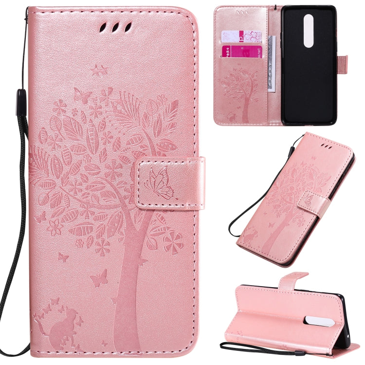 Tree & Cat Pattern Pressed Printing Horizontal Flip PU Leather Case with Holder & Card Slots & Wallet & Lanyard, For OnePlus 8 Pro, For OnePlus 8