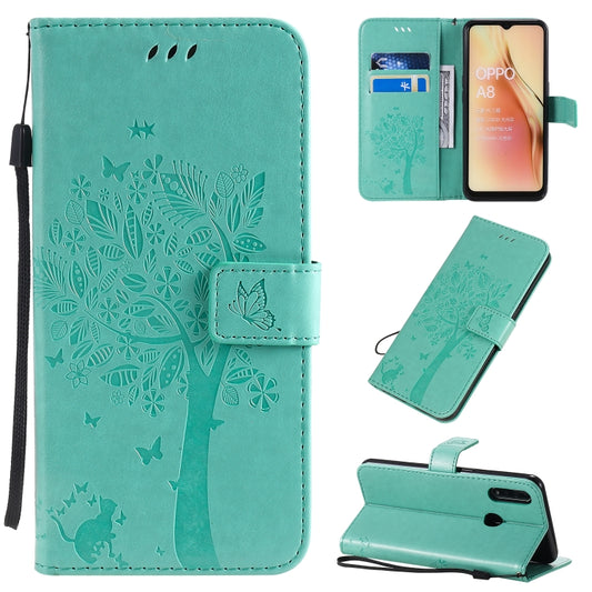 Tree and cat pattern OPPO phone case with wallet holder and lanyard
