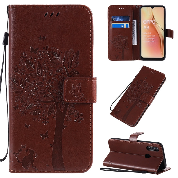 Tree & Cat Pattern Pressed Printing Horizontal Flip PU Leather Case with Holder & Card Slots & Wallet & Lanyard, For OPPO A8 / A31 (2020), For OPPO Find X2 Pro