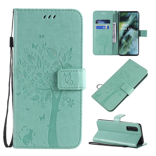 Tree and cat pattern OPPO Find X2 leather flip case with card slots and lanyard holder