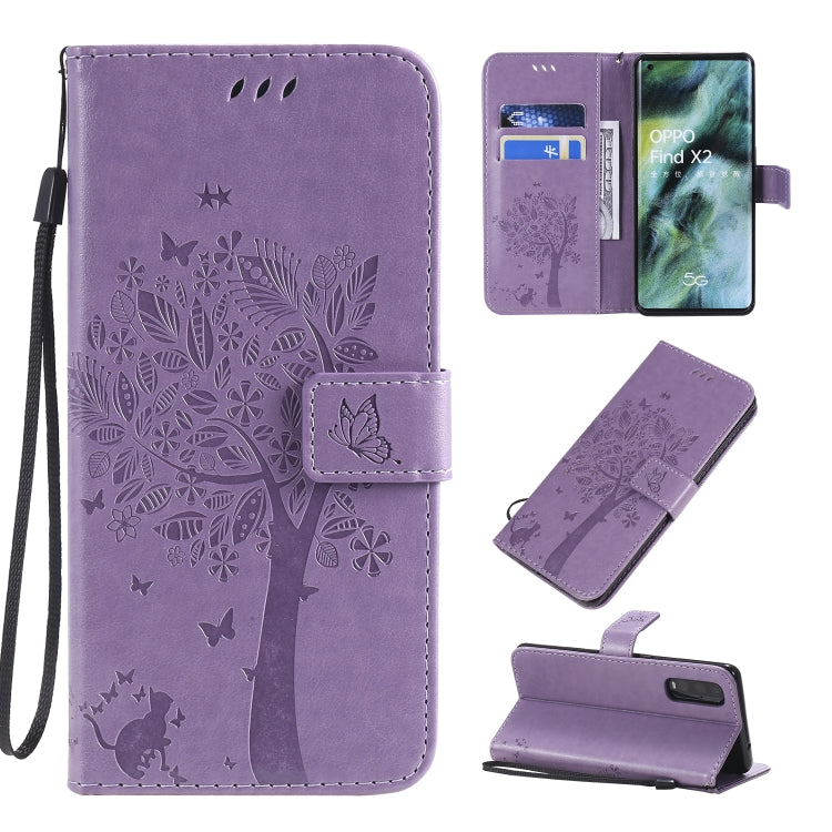 Tree & Cat Pattern Pressed Printing Horizontal Flip PU Leather Case with Holder & Card Slots & Wallet & Lanyard, For OPPO Find X2, For OPPO Realme 6 Pro