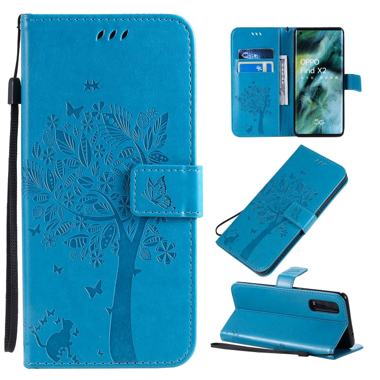 Tree & Cat Pattern Pressed Printing Horizontal Flip PU Leather Case with Holder & Card Slots & Wallet & Lanyard, For OPPO Find X2, For OPPO Realme 6 Pro
