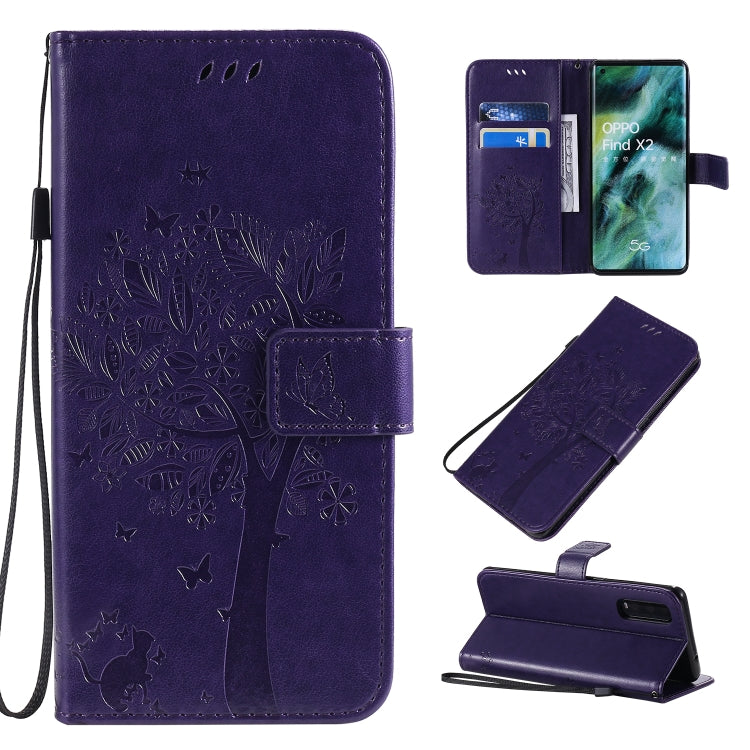 Tree & Cat Pattern Pressed Printing Horizontal Flip PU Leather Case with Holder & Card Slots & Wallet & Lanyard, For OPPO Find X2, For OPPO Realme 6 Pro