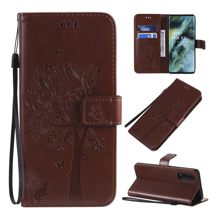 Tree & Cat Pattern Pressed Printing Horizontal Flip PU Leather Case with Holder & Card Slots & Wallet & Lanyard, For OPPO Find X2, For OPPO Realme 6 Pro