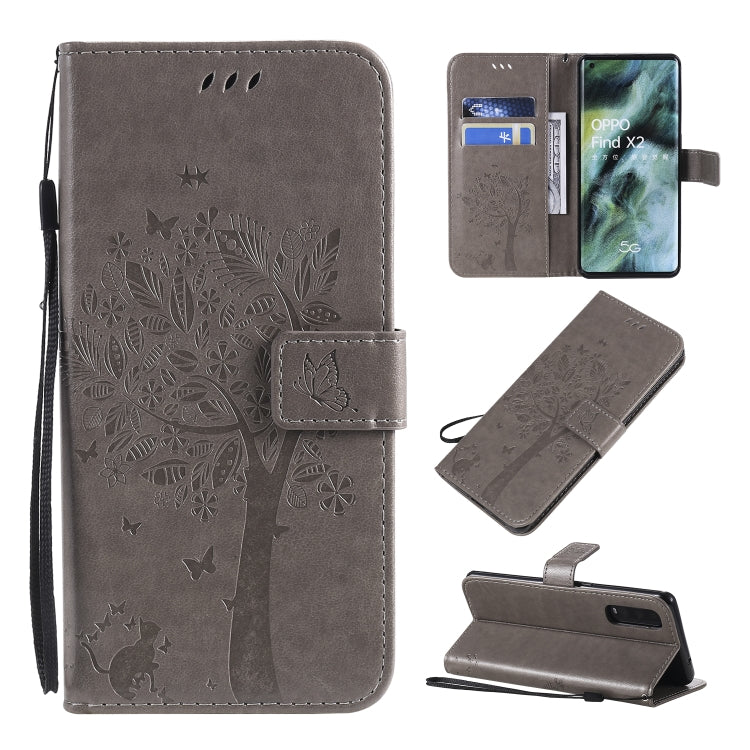 Tree & Cat Pattern Pressed Printing Horizontal Flip PU Leather Case with Holder & Card Slots & Wallet & Lanyard, For OPPO Find X2, For OPPO Realme 6 Pro
