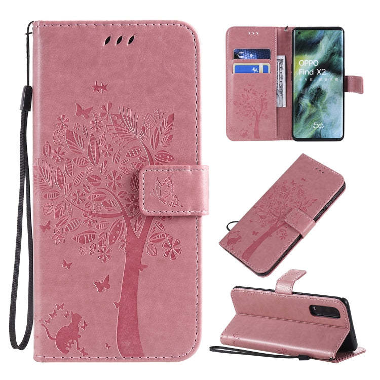 Tree & Cat Pattern Pressed Printing Horizontal Flip PU Leather Case with Holder & Card Slots & Wallet & Lanyard, For OPPO Find X2, For OPPO Realme 6 Pro