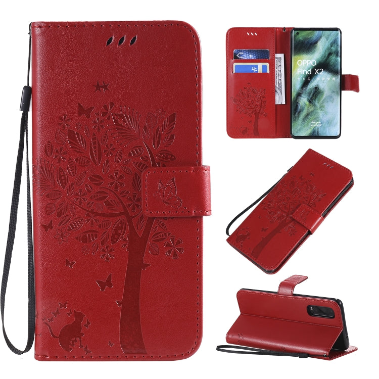 Tree & Cat Pattern Pressed Printing Horizontal Flip PU Leather Case with Holder & Card Slots & Wallet & Lanyard, For OPPO Find X2, For OPPO Realme 6 Pro