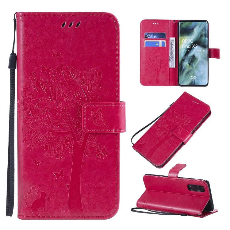Tree & Cat Pattern Pressed Printing Horizontal Flip PU Leather Case with Holder & Card Slots & Wallet & Lanyard, For OPPO Find X2, For OPPO Realme 6 Pro