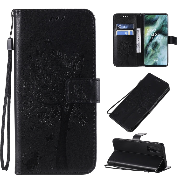 Tree & Cat Pattern Pressed Printing Horizontal Flip PU Leather Case with Holder & Card Slots & Wallet & Lanyard, For OPPO Find X2, For OPPO Realme 6 Pro