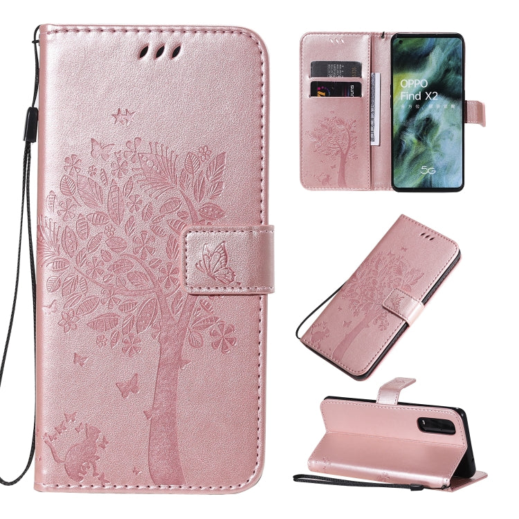 Tree & Cat Pattern Pressed Printing Horizontal Flip PU Leather Case with Holder & Card Slots & Wallet & Lanyard, For OPPO Find X2, For OPPO Realme 6 Pro