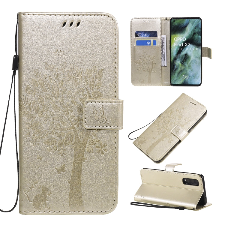 Tree & Cat Pattern Pressed Printing Horizontal Flip PU Leather Case with Holder & Card Slots & Wallet & Lanyard, For OPPO Find X2, For OPPO Realme 6 Pro