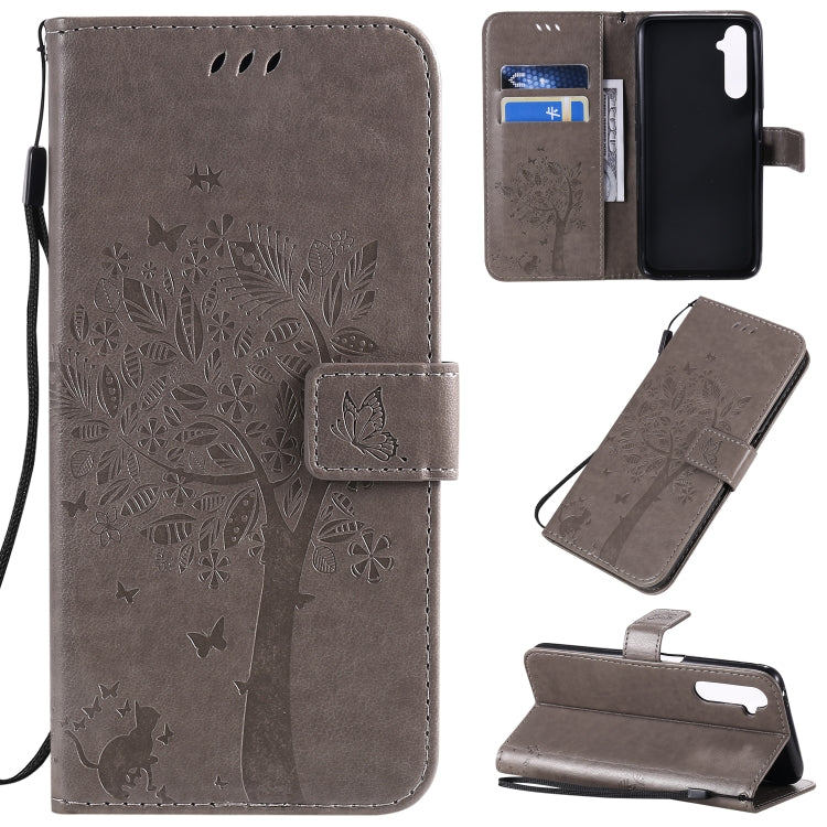Tree & Cat Pattern Pressed Printing Horizontal Flip PU Leather Case with Holder & Card Slots & Wallet & Lanyard, For OPPO Find X2, For OPPO Realme 6 Pro