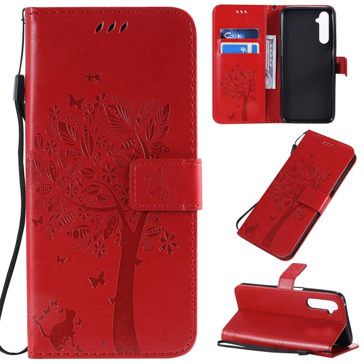 Tree & Cat Pattern Pressed Printing Horizontal Flip PU Leather Case with Holder & Card Slots & Wallet & Lanyard, For OPPO Find X2, For OPPO Realme 6 Pro