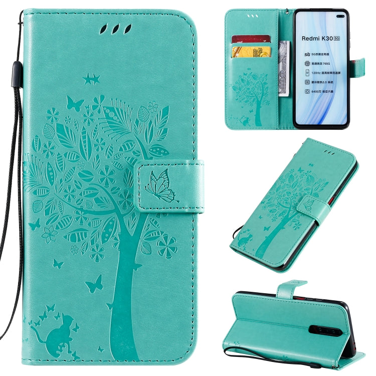 Tree & Cat Pattern Pressed Printing Horizontal Flip PU Leather Case with Holder & Card Slots & Wallet & Lanyard, For Xiaomi Redmi K30, For Huawei P40 Lite / nova 6 SE