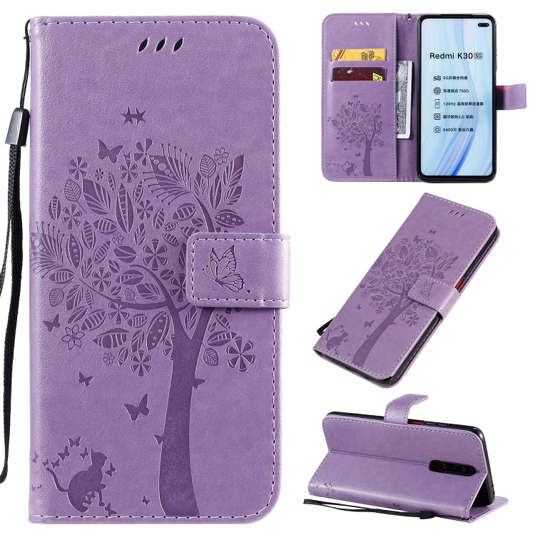 Tree & Cat Pattern Pressed Printing Horizontal Flip PU Leather Case with Holder & Card Slots & Wallet & Lanyard, For Xiaomi Redmi K30, For Huawei P40 Lite / nova 6 SE