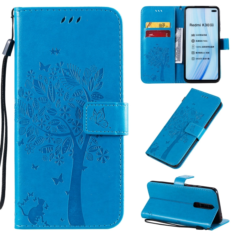Tree & Cat Pattern Pressed Printing Horizontal Flip PU Leather Case with Holder & Card Slots & Wallet & Lanyard, For Xiaomi Redmi K30, For Huawei P40 Lite / nova 6 SE