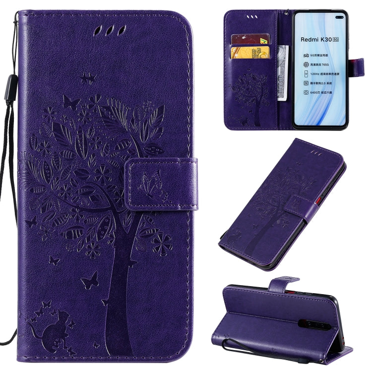 Tree & Cat Pattern Pressed Printing Horizontal Flip PU Leather Case with Holder & Card Slots & Wallet & Lanyard, For Xiaomi Redmi K30, For Huawei P40 Lite / nova 6 SE
