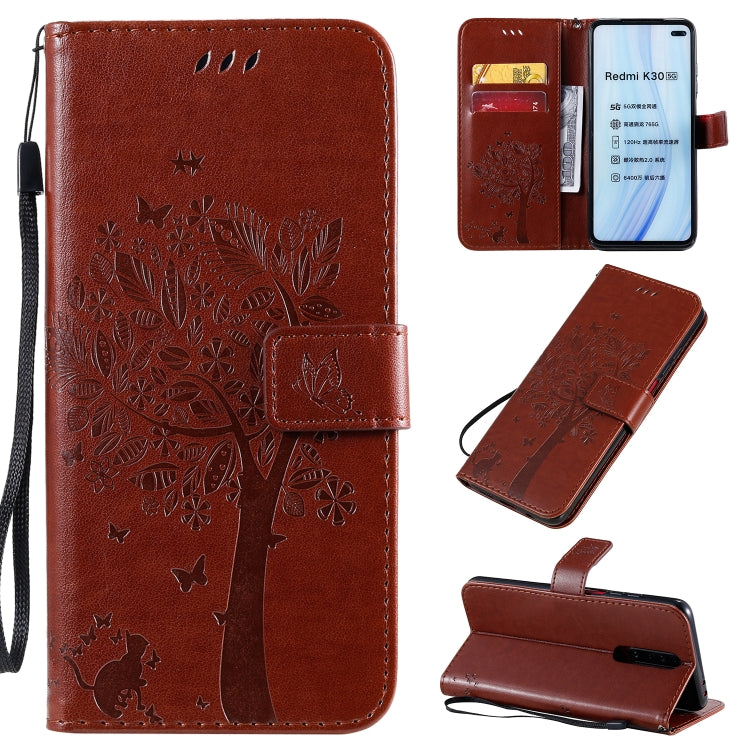 Tree & Cat Pattern Pressed Printing Horizontal Flip PU Leather Case with Holder & Card Slots & Wallet & Lanyard, For Xiaomi Redmi K30, For Huawei P40 Lite / nova 6 SE