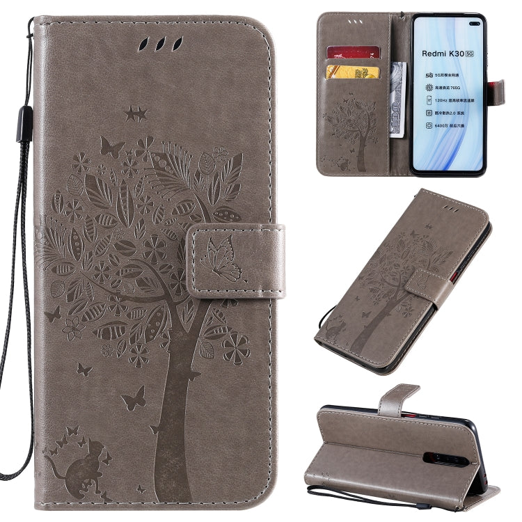 Tree & Cat Pattern Pressed Printing Horizontal Flip PU Leather Case with Holder & Card Slots & Wallet & Lanyard, For Xiaomi Redmi K30, For Huawei P40 Lite / nova 6 SE