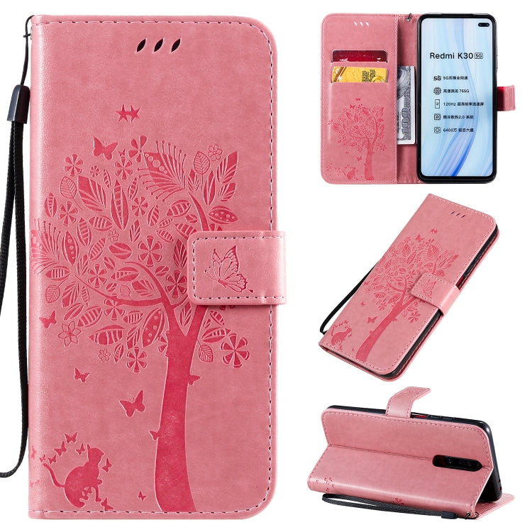Tree & Cat Pattern Pressed Printing Horizontal Flip PU Leather Case with Holder & Card Slots & Wallet & Lanyard, For Xiaomi Redmi K30, For Huawei P40 Lite / nova 6 SE