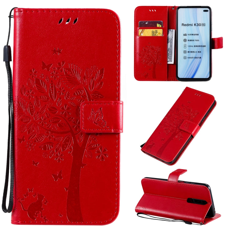 Tree & Cat Pattern Pressed Printing Horizontal Flip PU Leather Case with Holder & Card Slots & Wallet & Lanyard, For Xiaomi Redmi K30, For Huawei P40 Lite / nova 6 SE