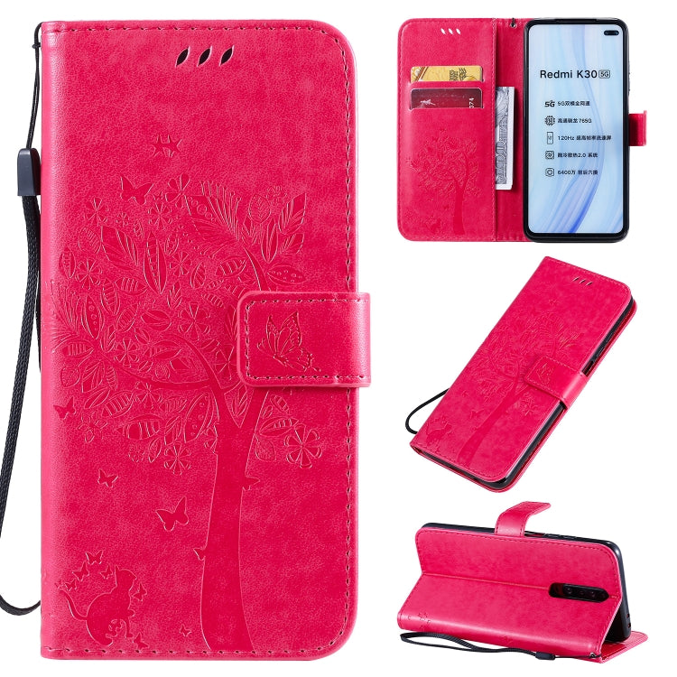 Tree & Cat Pattern Pressed Printing Horizontal Flip PU Leather Case with Holder & Card Slots & Wallet & Lanyard, For Xiaomi Redmi K30, For Huawei P40 Lite / nova 6 SE