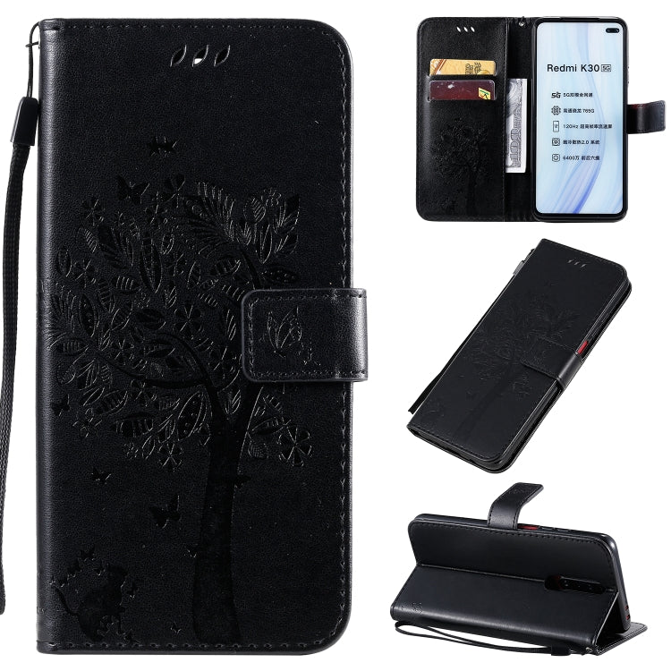 Tree & Cat Pattern Pressed Printing Horizontal Flip PU Leather Case with Holder & Card Slots & Wallet & Lanyard, For Xiaomi Redmi K30, For Huawei P40 Lite / nova 6 SE