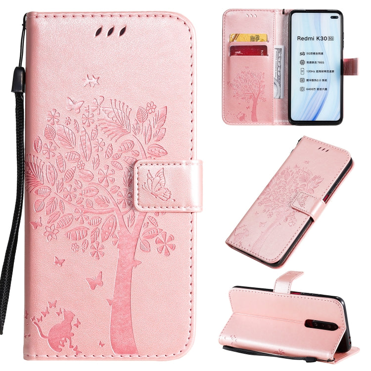 Tree & Cat Pattern Pressed Printing Horizontal Flip PU Leather Case with Holder & Card Slots & Wallet & Lanyard, For Xiaomi Redmi K30, For Huawei P40 Lite / nova 6 SE