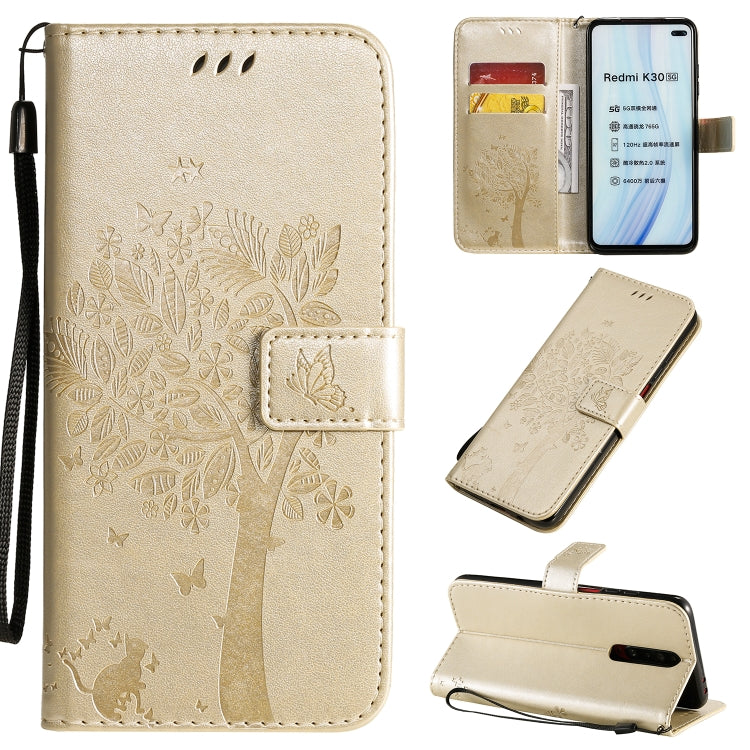 Tree & Cat Pattern Pressed Printing Horizontal Flip PU Leather Case with Holder & Card Slots & Wallet & Lanyard, For Xiaomi Redmi K30, For Huawei P40 Lite / nova 6 SE