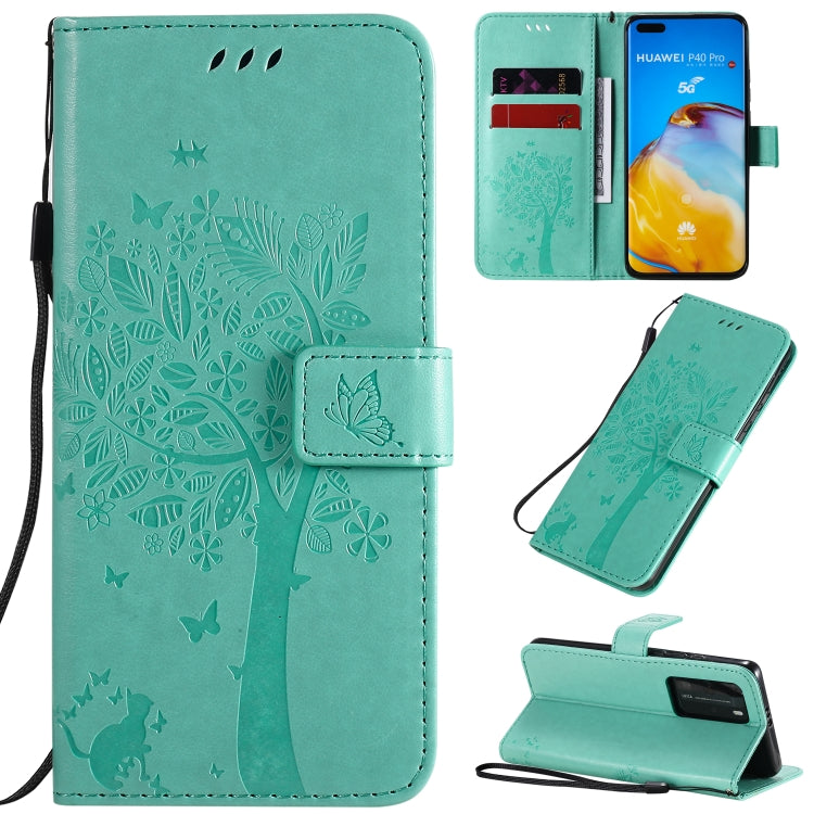 Tree & Cat Pattern Pressed Printing Horizontal Flip PU Leather Case with Holder & Card Slots & Wallet & Lanyard, For Huawei P40 Pro, For Huawei P40