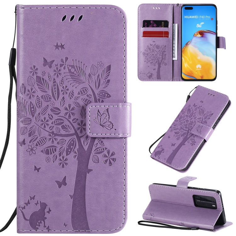 Tree & Cat Pattern Pressed Printing Horizontal Flip PU Leather Case with Holder & Card Slots & Wallet & Lanyard, For Huawei P40 Pro, For Huawei P40