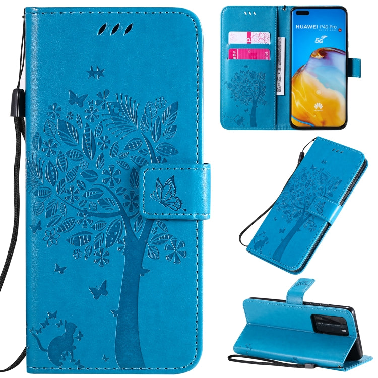 Tree & Cat Pattern Pressed Printing Horizontal Flip PU Leather Case with Holder & Card Slots & Wallet & Lanyard, For Huawei P40 Pro, For Huawei P40