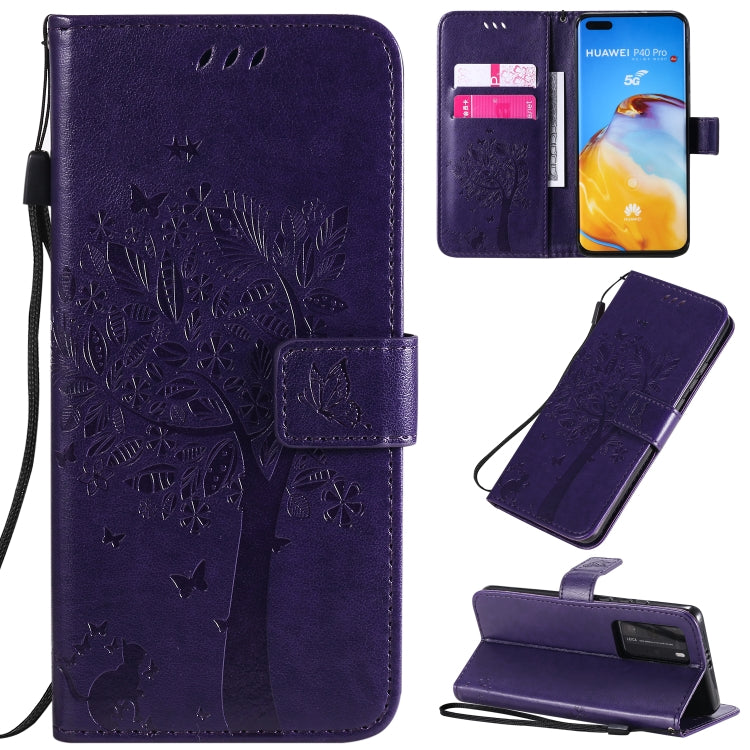 Tree & Cat Pattern Pressed Printing Horizontal Flip PU Leather Case with Holder & Card Slots & Wallet & Lanyard, For Huawei P40 Pro, For Huawei P40