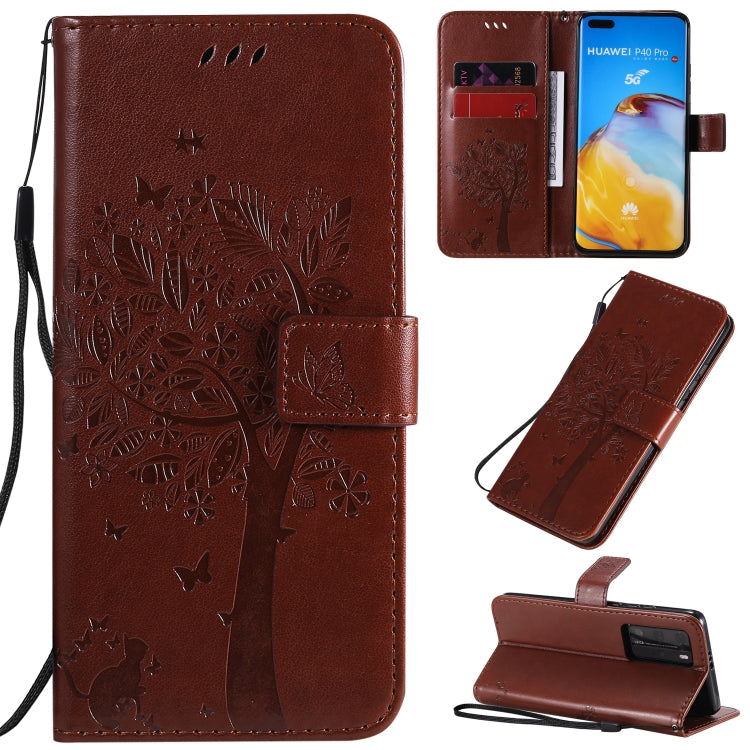Tree & Cat Pattern Pressed Printing Horizontal Flip PU Leather Case with Holder & Card Slots & Wallet & Lanyard, For Huawei P40 Pro, For Huawei P40