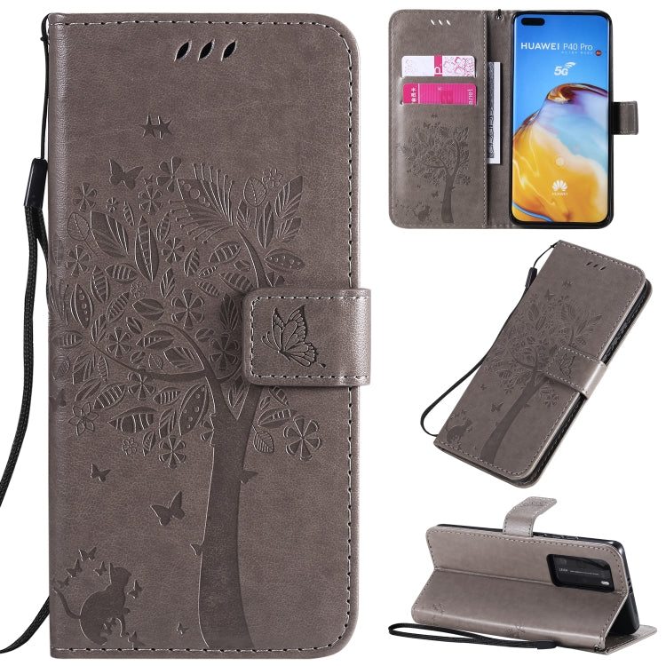 Tree & Cat Pattern Pressed Printing Horizontal Flip PU Leather Case with Holder & Card Slots & Wallet & Lanyard, For Huawei P40 Pro, For Huawei P40