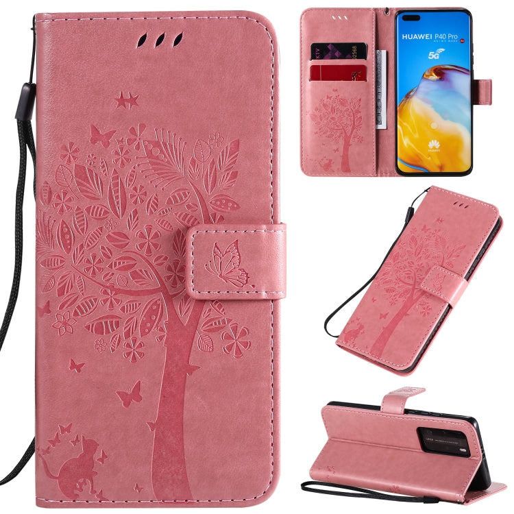 Tree & Cat Pattern Pressed Printing Horizontal Flip PU Leather Case with Holder & Card Slots & Wallet & Lanyard, For Huawei P40 Pro, For Huawei P40