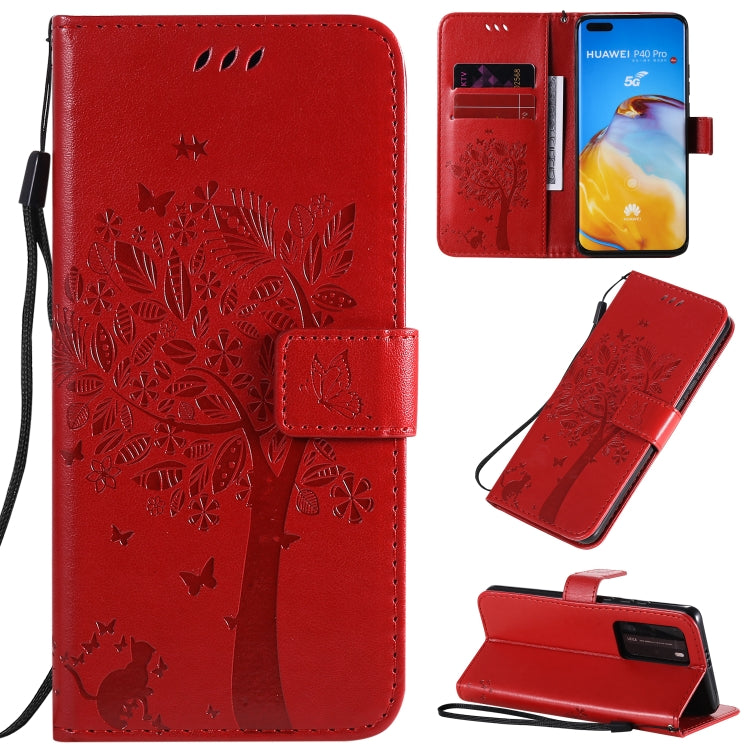 Tree & Cat Pattern Pressed Printing Horizontal Flip PU Leather Case with Holder & Card Slots & Wallet & Lanyard, For Huawei P40 Pro, For Huawei P40