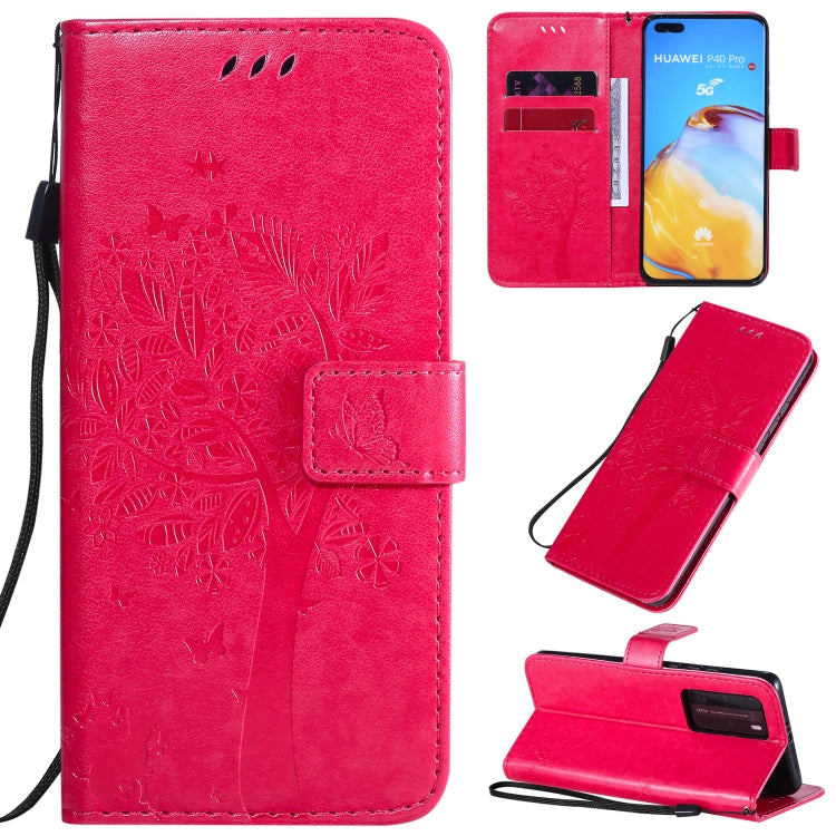 Tree & Cat Pattern Pressed Printing Horizontal Flip PU Leather Case with Holder & Card Slots & Wallet & Lanyard, For Huawei P40 Pro, For Huawei P40