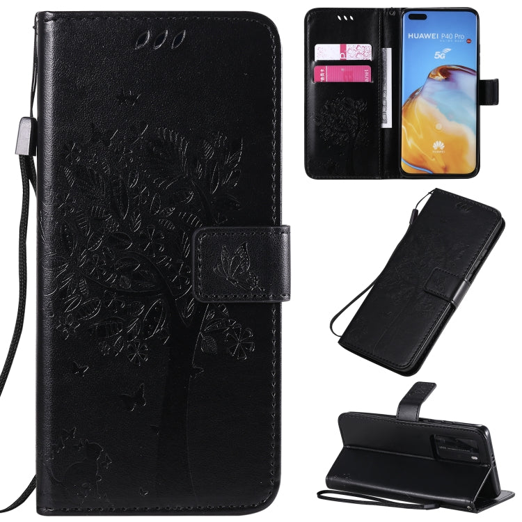 Tree & Cat Pattern Pressed Printing Horizontal Flip PU Leather Case with Holder & Card Slots & Wallet & Lanyard, For Huawei P40 Pro, For Huawei P40