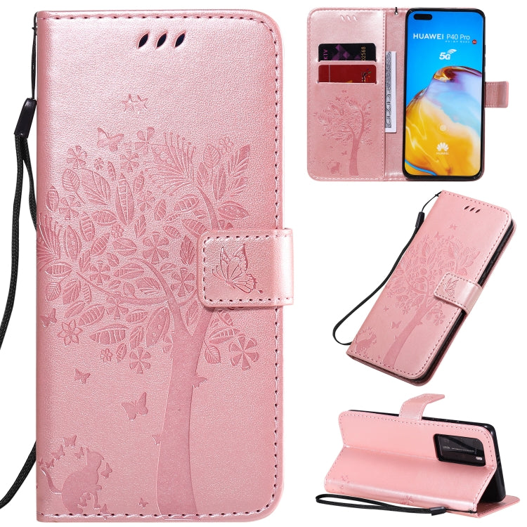 Tree & Cat Pattern Pressed Printing Horizontal Flip PU Leather Case with Holder & Card Slots & Wallet & Lanyard, For Huawei P40 Pro, For Huawei P40