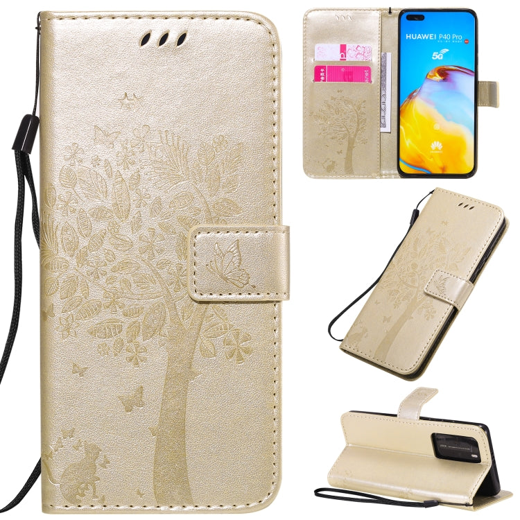 Tree & Cat Pattern Pressed Printing Horizontal Flip PU Leather Case with Holder & Card Slots & Wallet & Lanyard, For Huawei P40 Pro, For Huawei P40