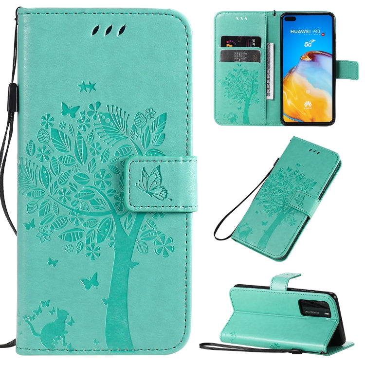 Tree & Cat Pattern Pressed Printing Horizontal Flip PU Leather Case with Holder & Card Slots & Wallet & Lanyard, For Huawei P40 Pro, For Huawei P40