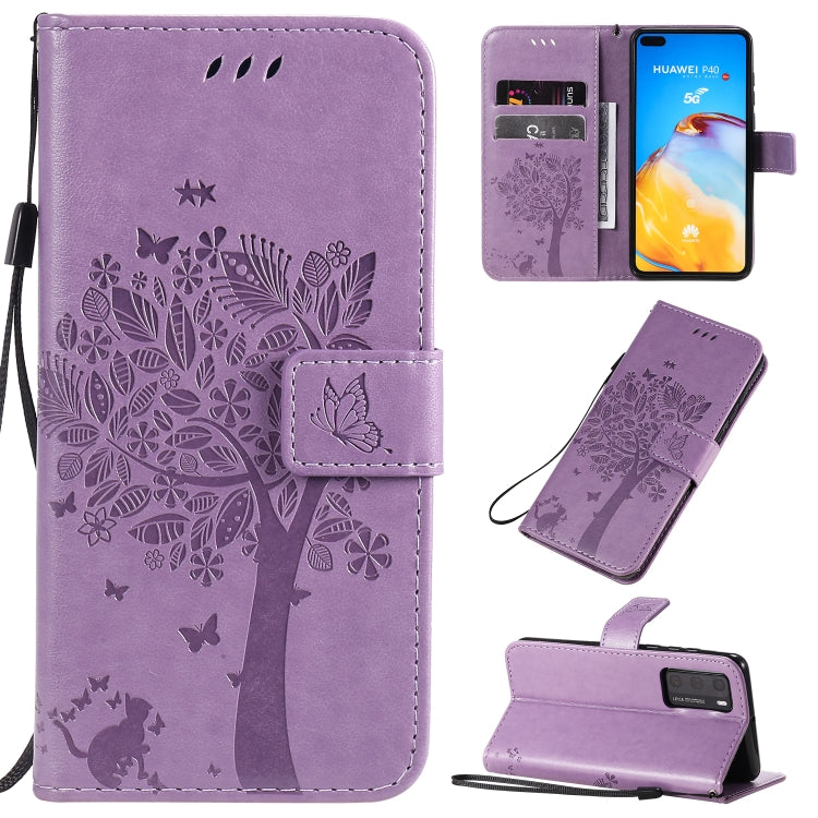 Tree & Cat Pattern Pressed Printing Horizontal Flip PU Leather Case with Holder & Card Slots & Wallet & Lanyard, For Huawei P40 Pro, For Huawei P40